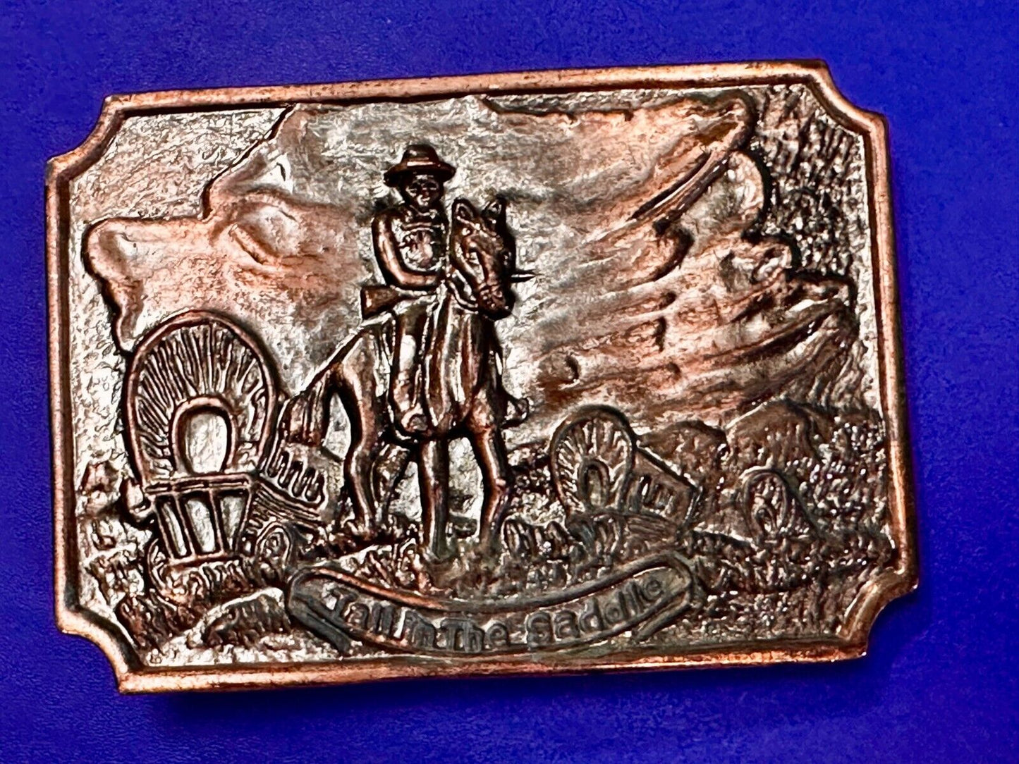 Tall in the Saddle Wagon Cowboy Horse Western Art Scene Vintage Belt Buckle
