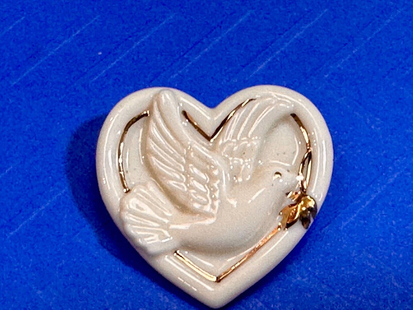Vintage Lenox Heart Shaped Brooch with Peace Dove & Olive Branch, Gold Trim