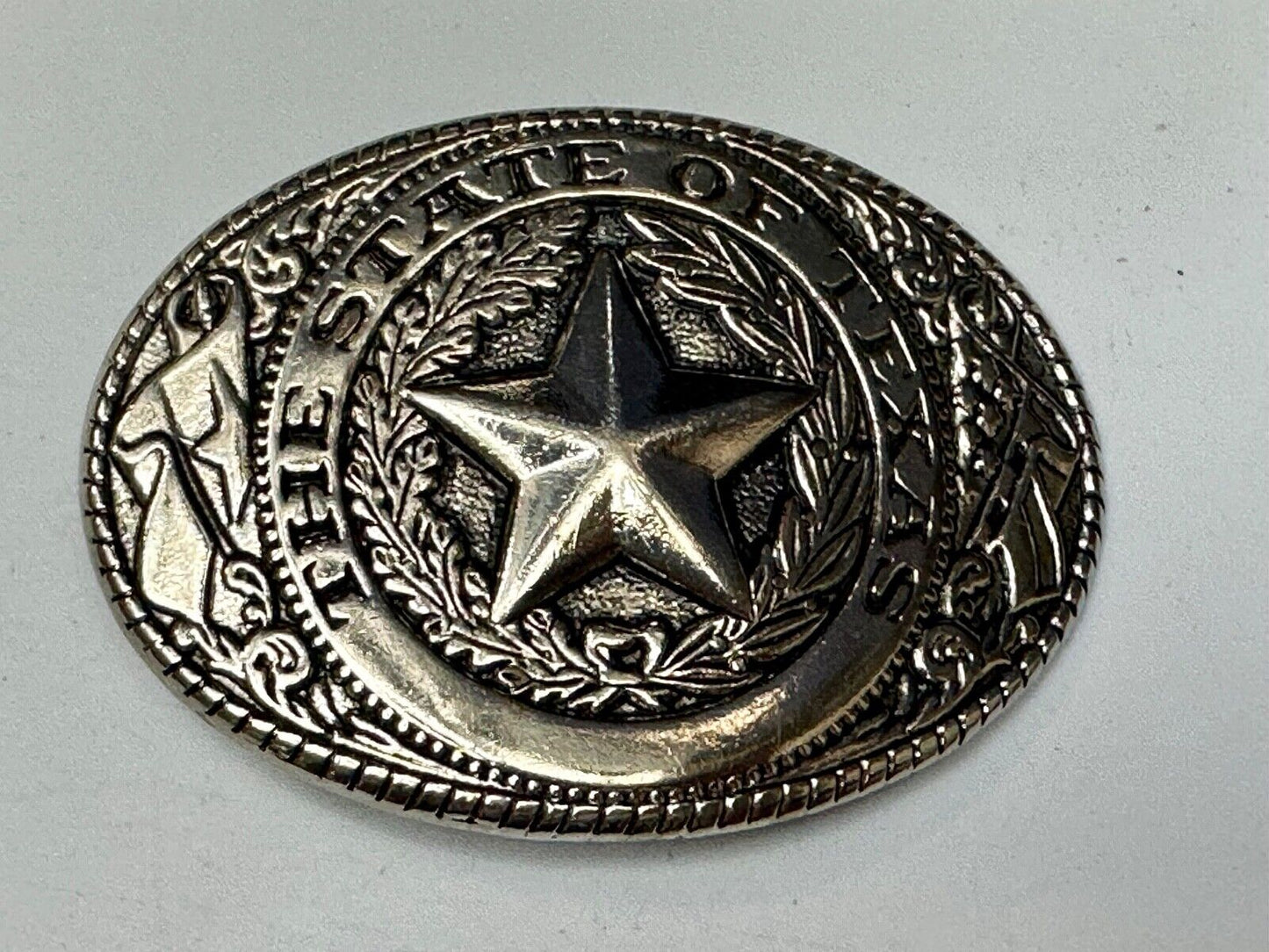 The Great State of TEXAS Star Flag Olive Branch Gold Tone Oval Belt Buckle