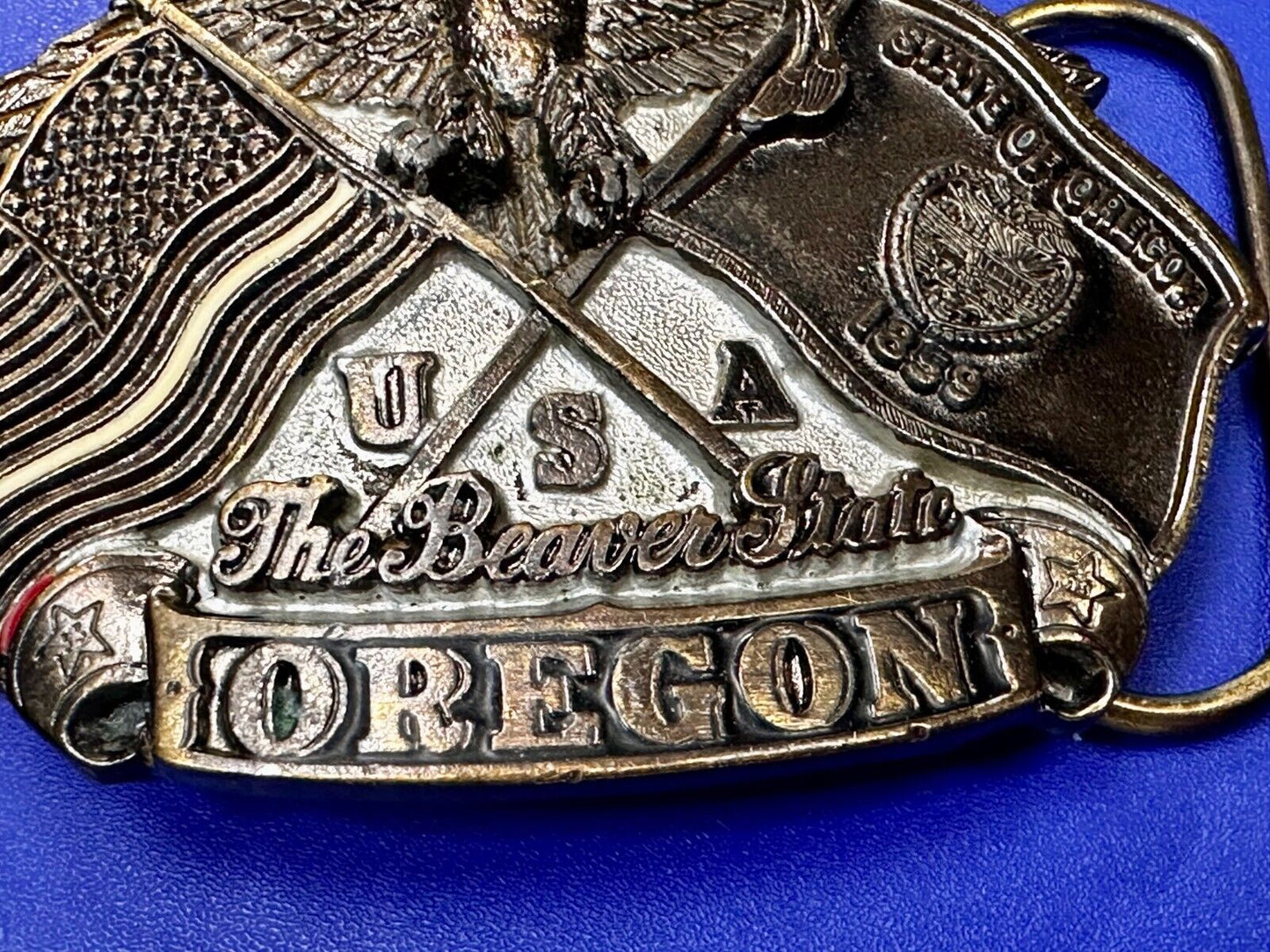The Beaver State OREGON American Flag Eagle Seal 1987 Commemorative Belt Buckle
