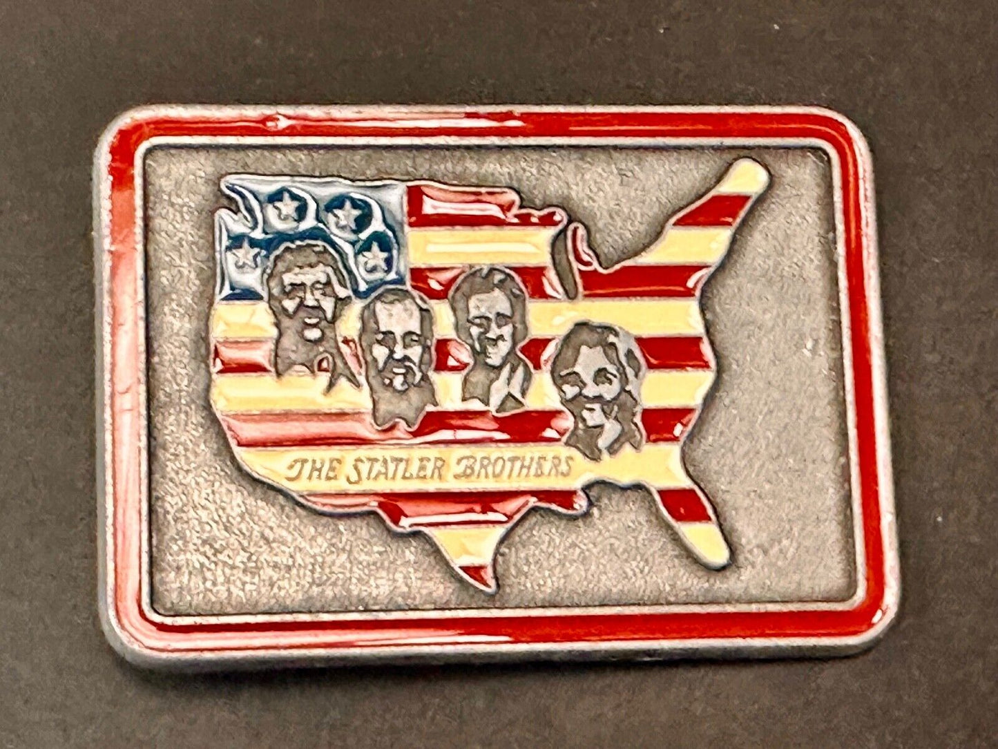 The Statler Brothers American Flag Country Shaped background band belt buckle