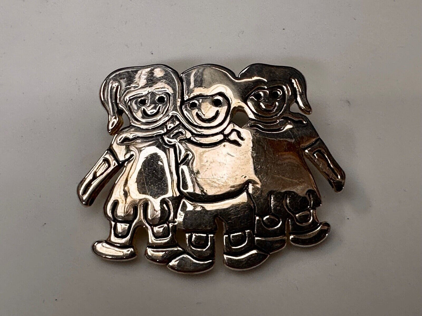3 Children Kids Figure Cutout Silver Brooch Pin Signed by MJ
