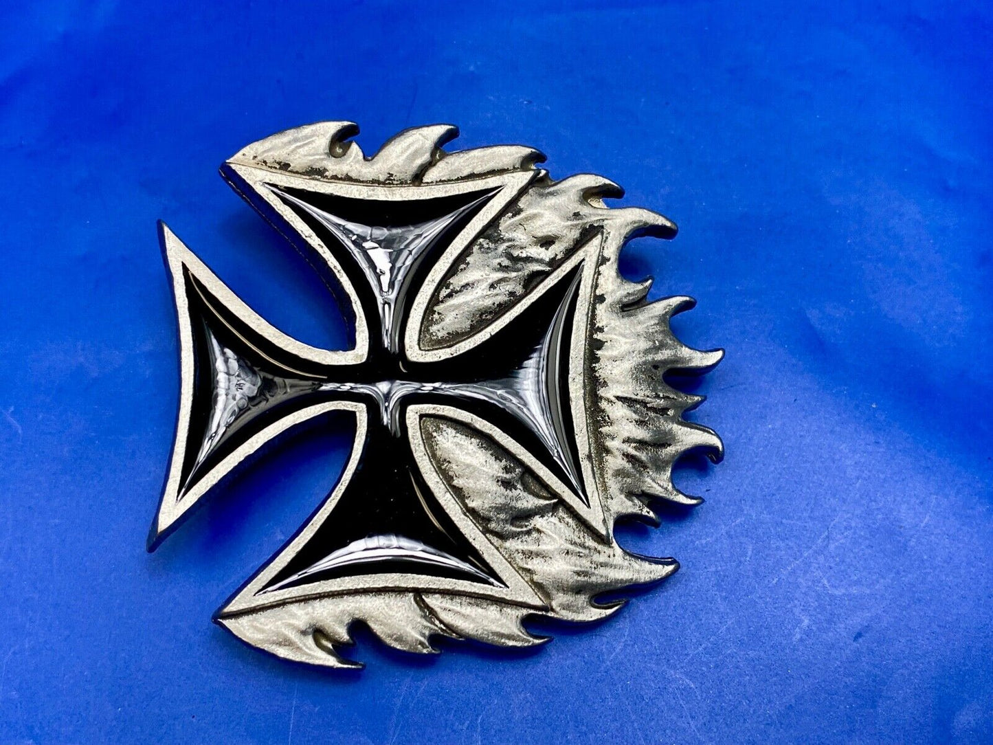 Black Enamel Maltese Cross w/ flames - NOS Monster belt buckle 2000 Mobtown USA