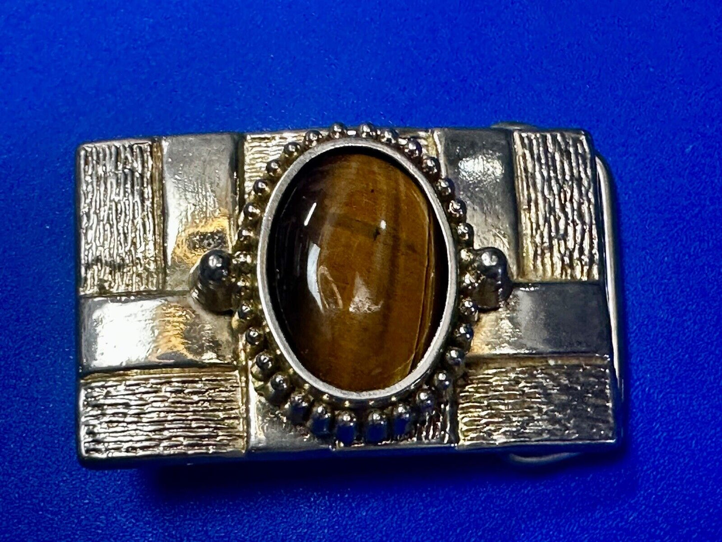 Tigers Eye Cabochon Stone Centerpiece on Western gold tone box theme Belt Buckle