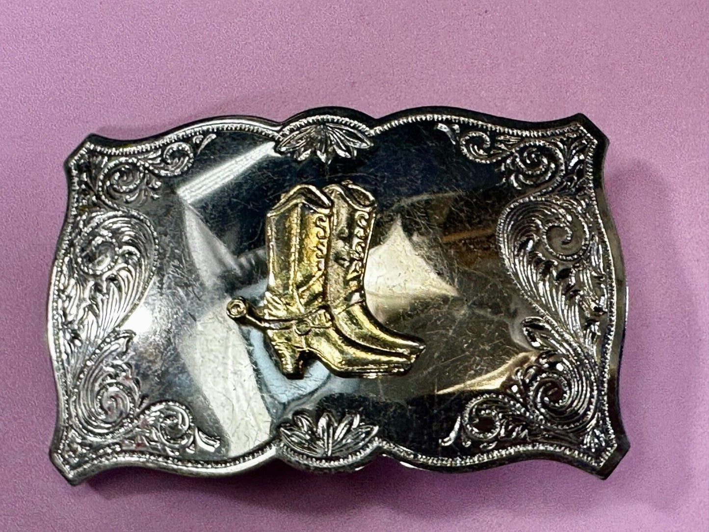 Vintage Cowboy Boots Engraved Swirl Border Two Tone Western Style Belt Buckle