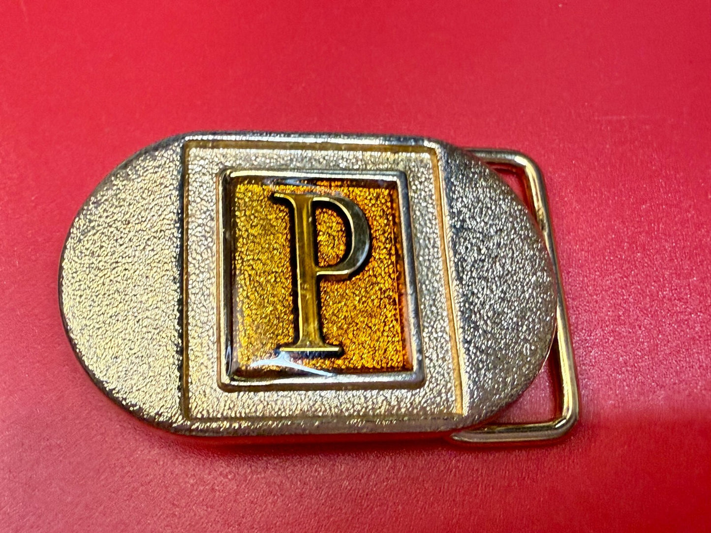 Vintage Custom Initial Letter P Two Tone Lee N.Y Small Belt Buckle