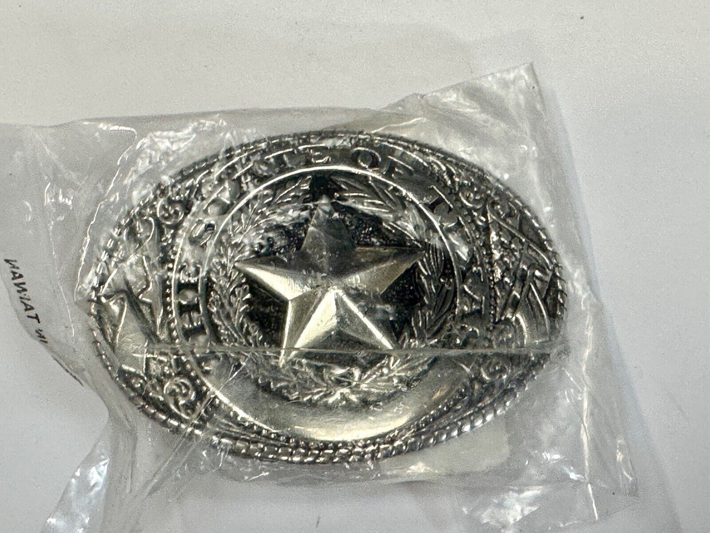 The Great State of Texas - Lone Star Flags seal silver tone NOS belt buckle