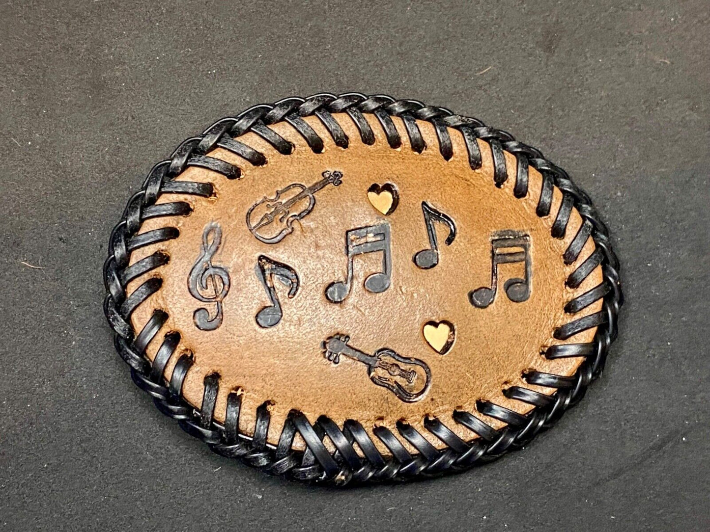 Vintage Eight 16Th Notes Violin Bass Treble Clef Musicians Leather Belt Buckle