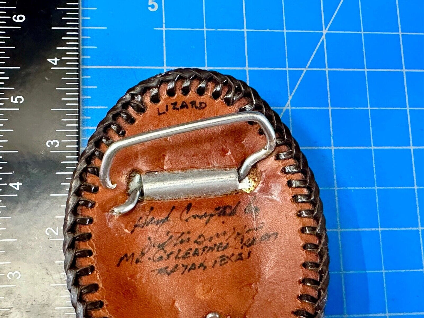 Beautiful lizard Skin brown leather vintage belt buckle with black stitching