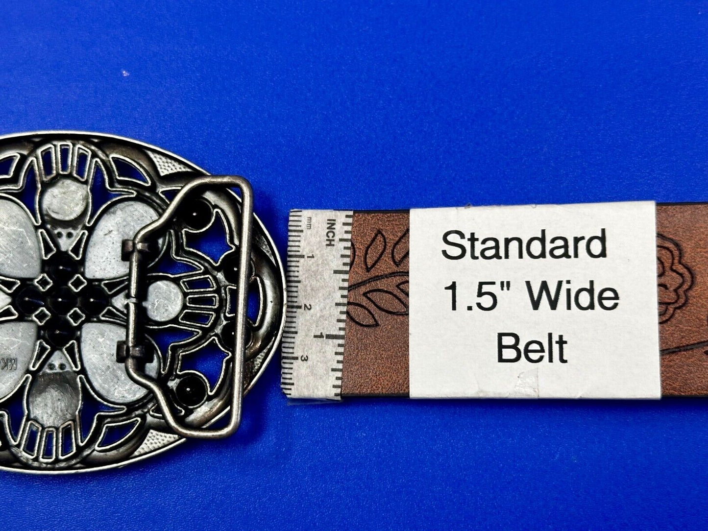 Beautiful Floral Design Silver Tone Metal W/ Rhinestones See Through Belt Buckle