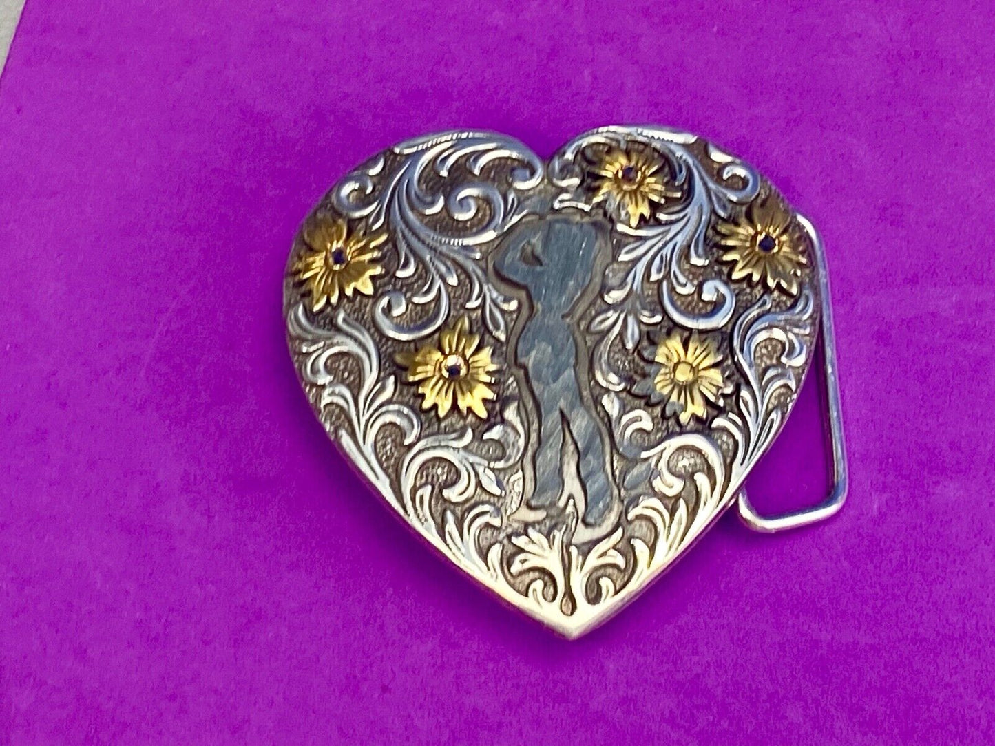 2007 Ivan belt buckle - Western HEART figure of cowgirl? w/ gold color accents