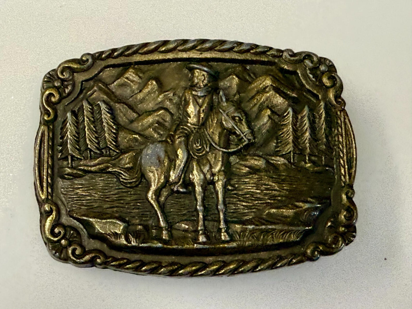 Tall in the Saddle Cowboy Horse River Mountain Scenery Western Belt Buckle