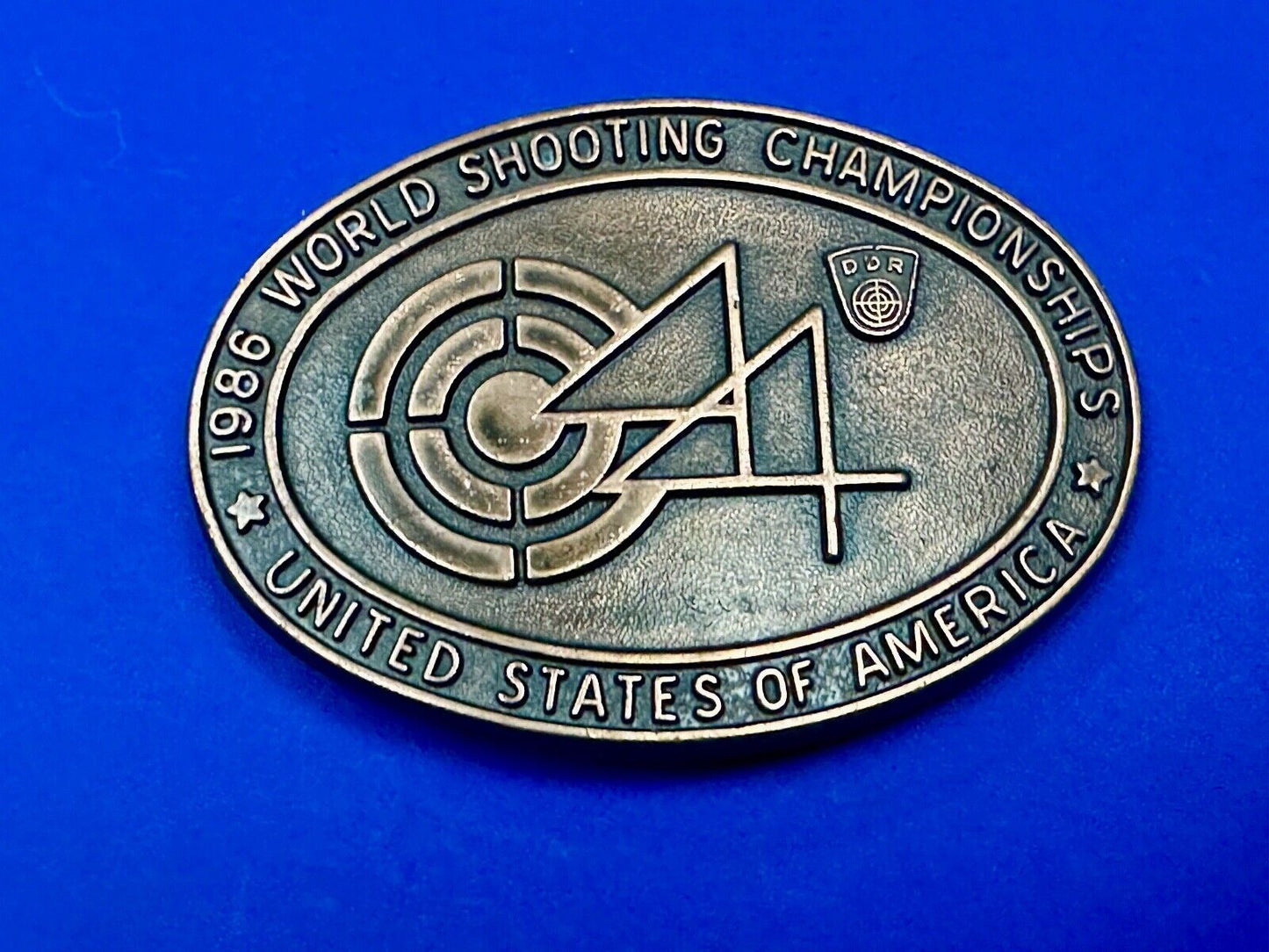 1986 Wold Shooting Championships USA belt buckle see back! Suhl East Germany