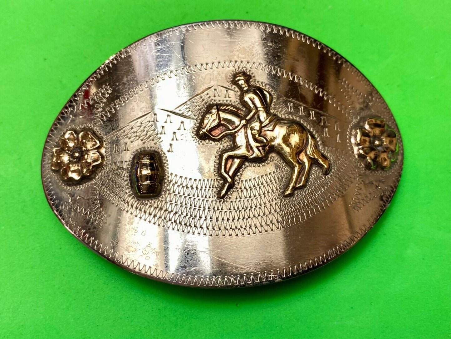 Barrel Horse Rider, Nickel Silver Belt Buckle W/ Bronze Trim by Don Ricardo