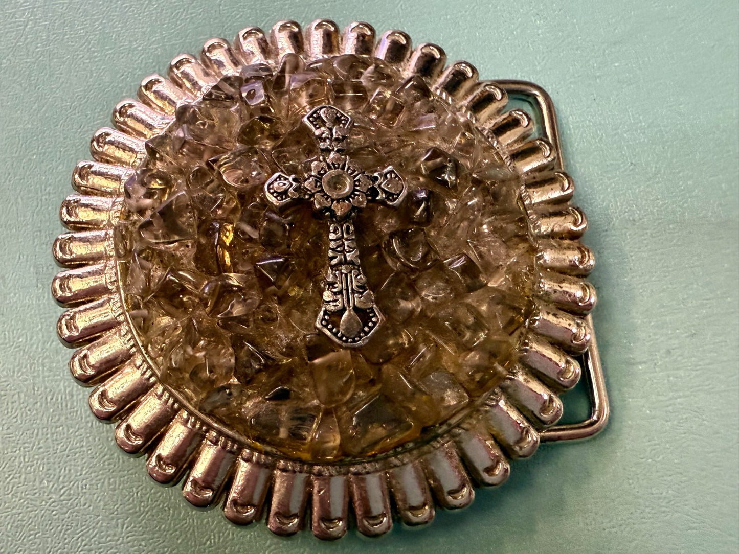 Artisan Religious Iron Cross Clear Stone Covered Unique Round Belt Buckle