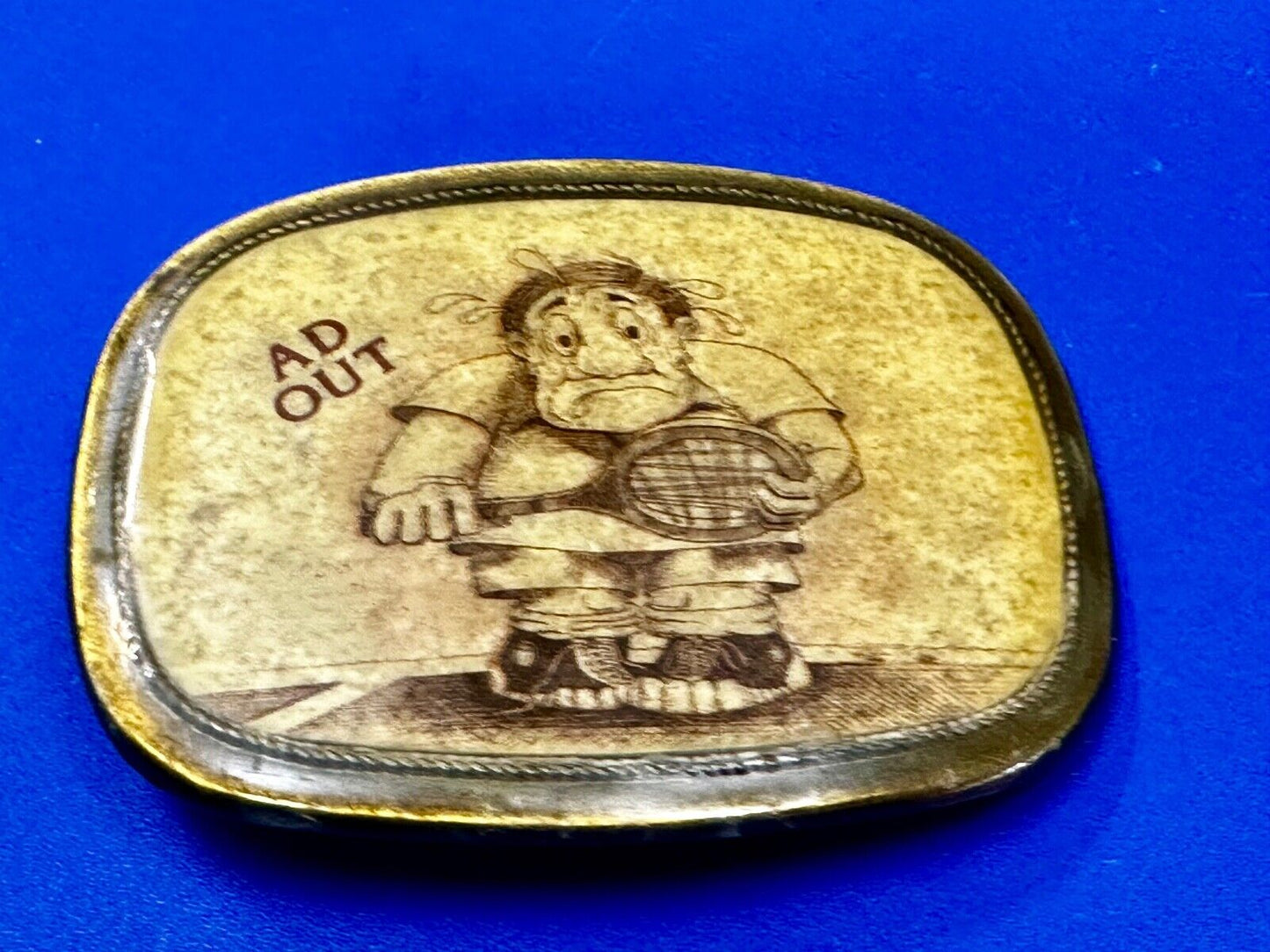 Vintage Cartoon Man AD OUT - Tennis Game Match Retro Sports Belt Buckle