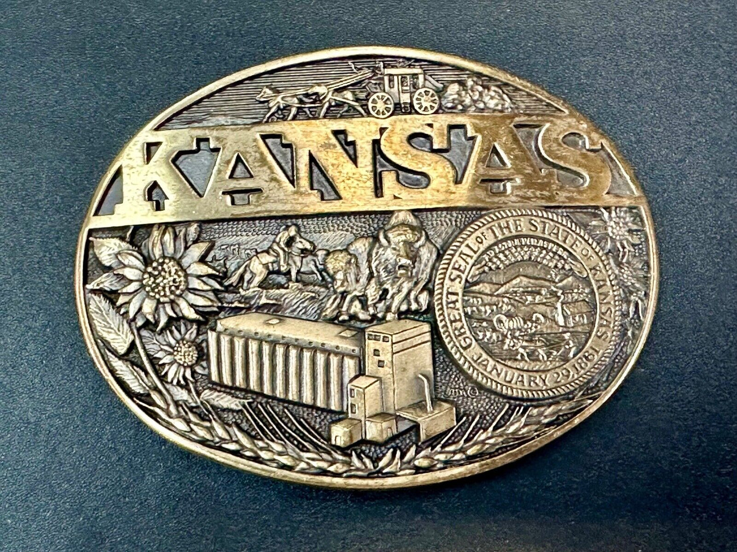 The Great State of Kansas Vintage Solid Brass ADM Belt Buckle