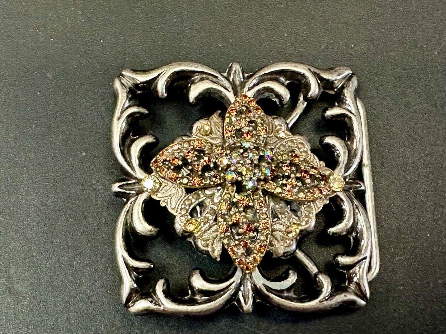 Artisan unique rhinestone mixed media see through silver tone belt buckle