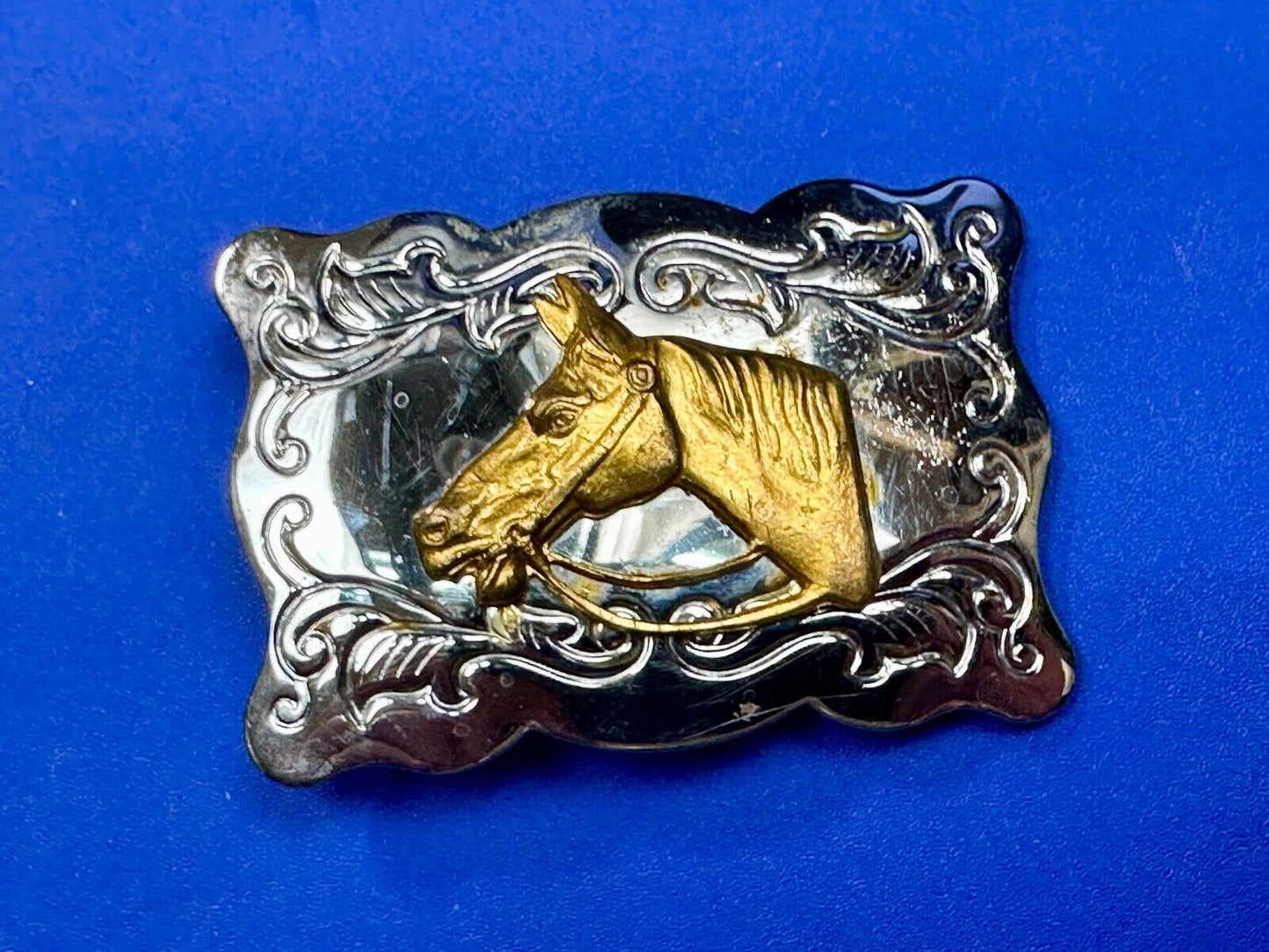 Vintage Chambers Horse head - two tone stamped rectangular belt buckle
