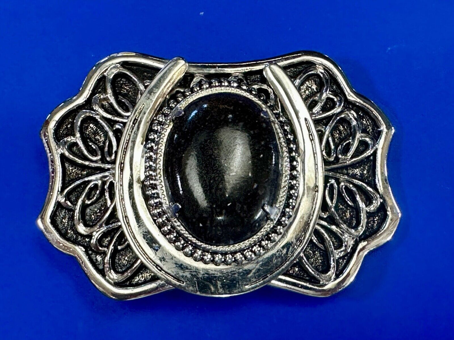 Beautiful Black Detailed cabochon cab stone centerpiece on horseshoe belt buckle