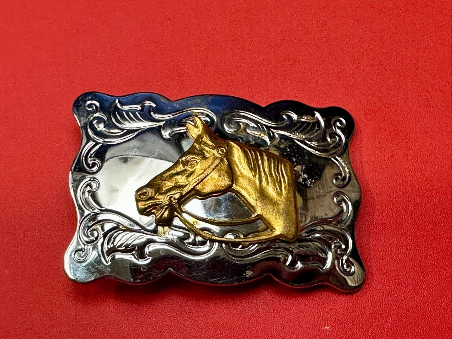 Vintage Chambers Horse head - two tone stamped rectangular belt buckle