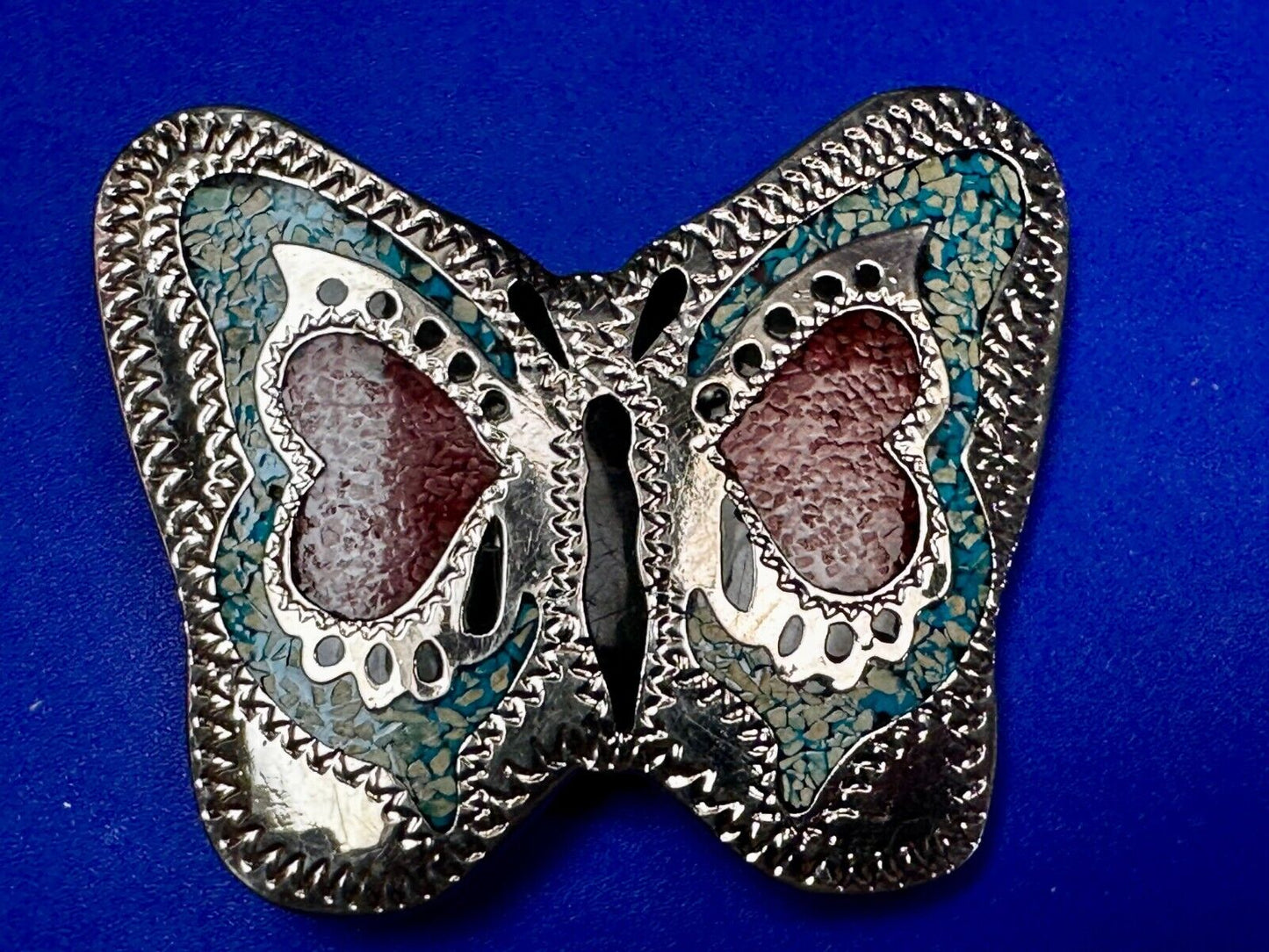 Beautiful Butterfly Figural Turquoise Coral Chips Inlay Cutout 3" Belt Buckle