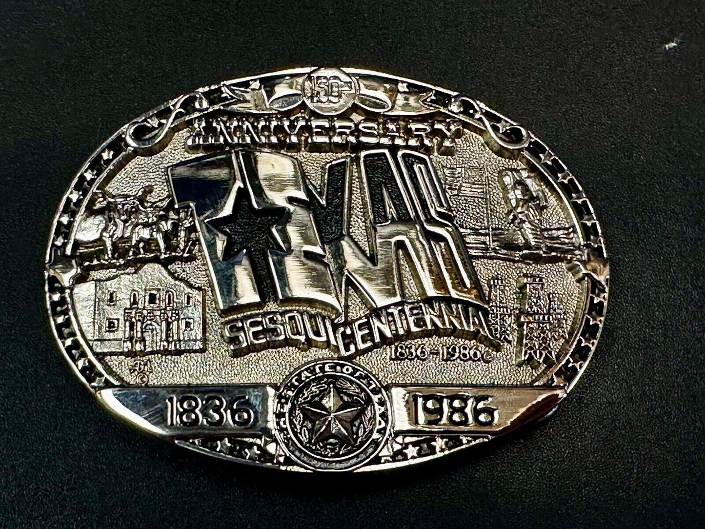 Texas Official 1986 Sesquicentennial ADM Belt Buckle - Oil rig, Alamo Lone Star