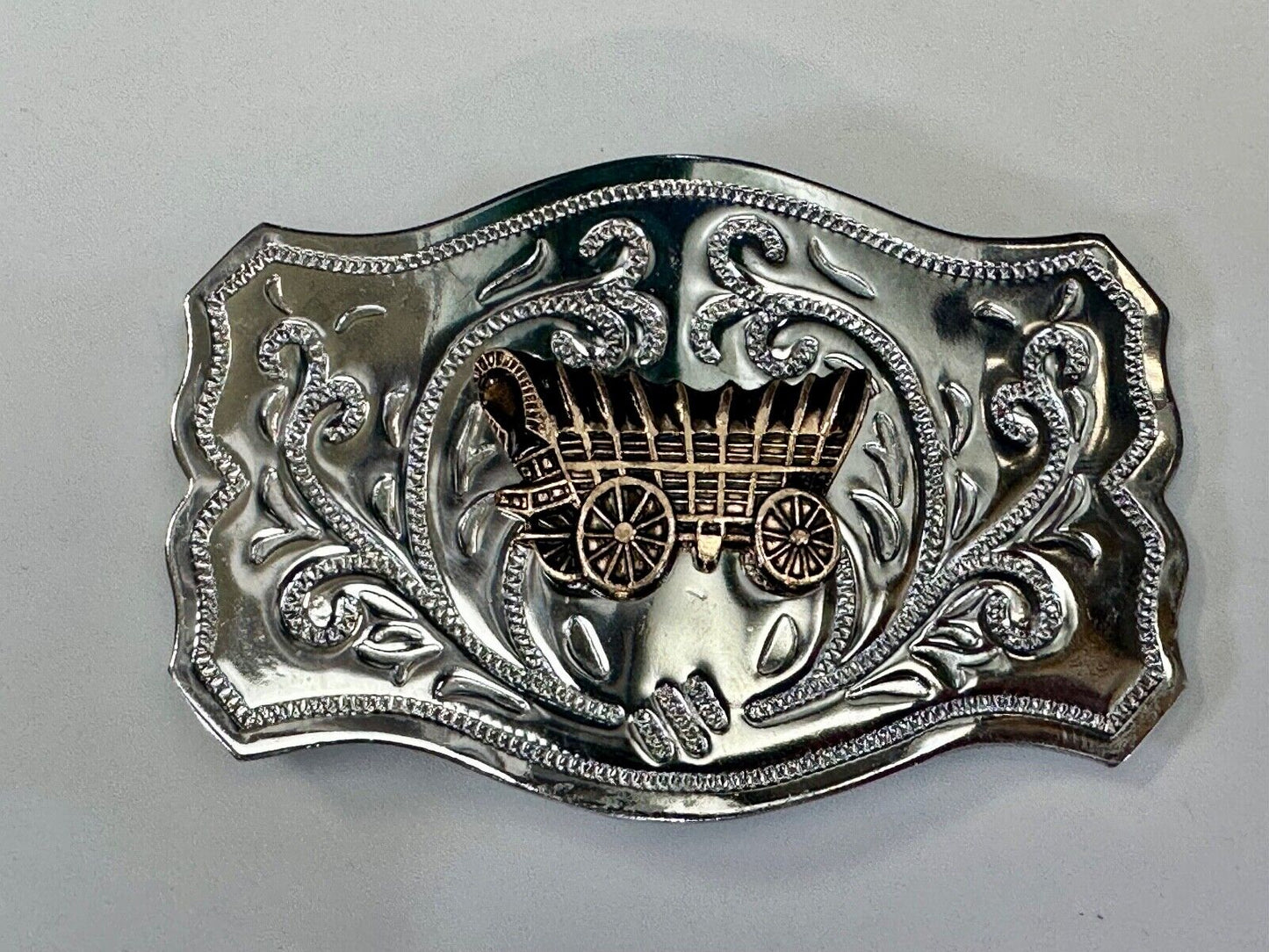 Vintage Covered Wagon - western two tone outlined ornate belt buckle