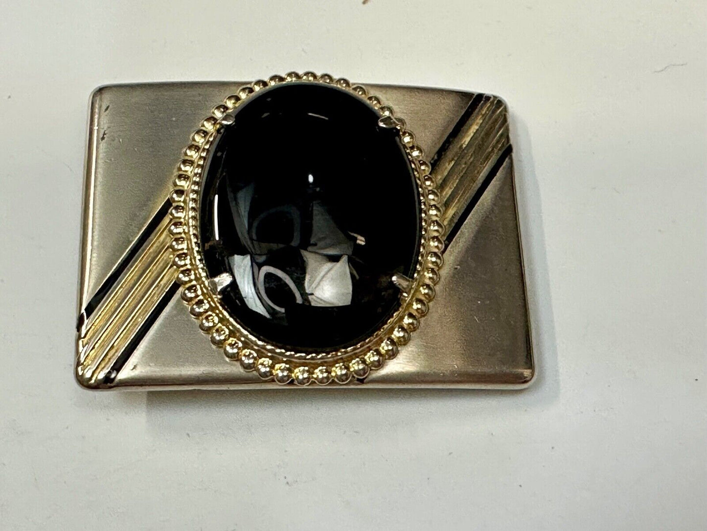 BALCK AGATE Cabochon Stone Centerpiece on retro sideways striped Belt Buckle