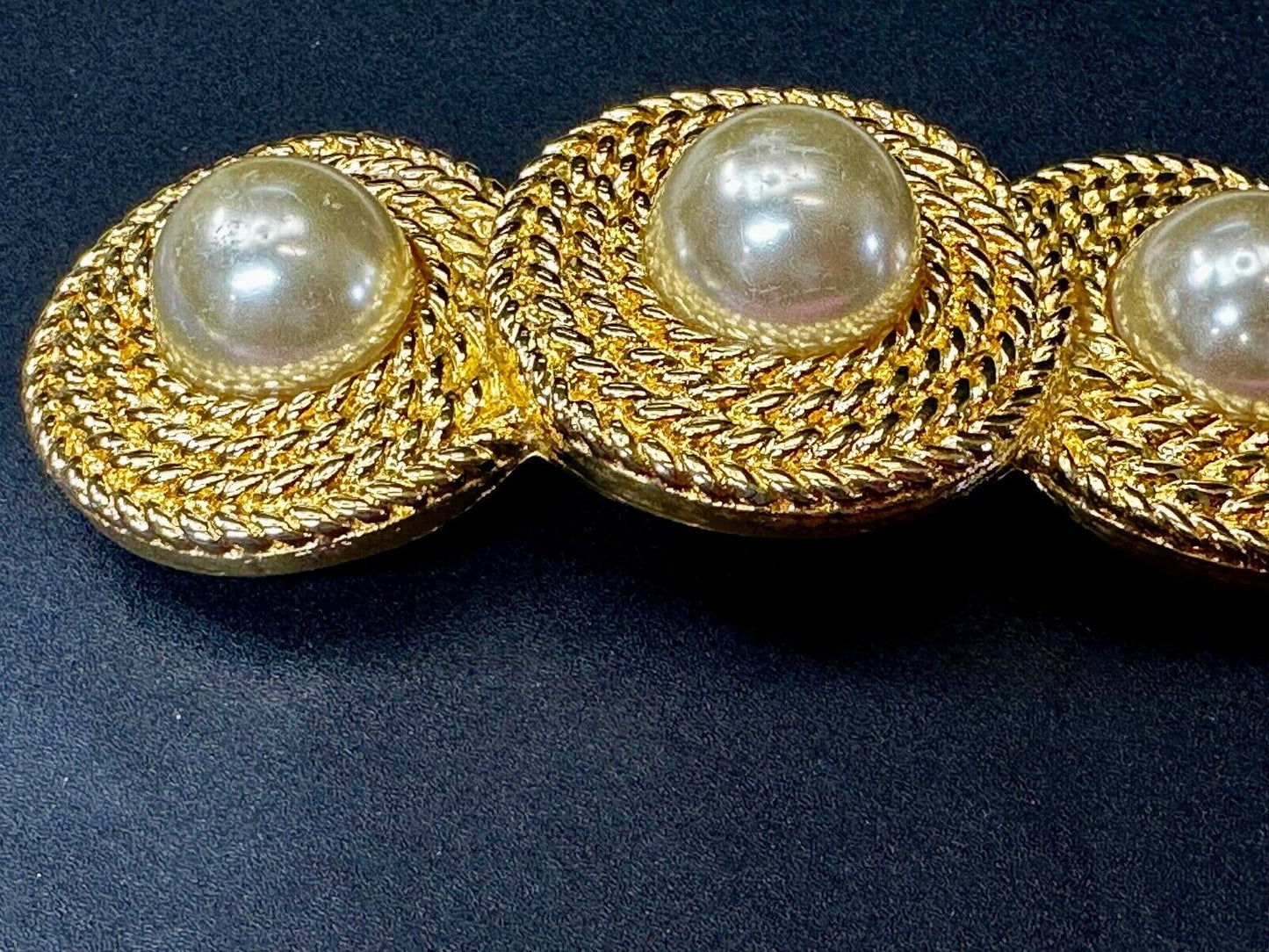 Three Round Faux Pearl's HUGE Statement Large Gold Tone Vintage Belt Buckle