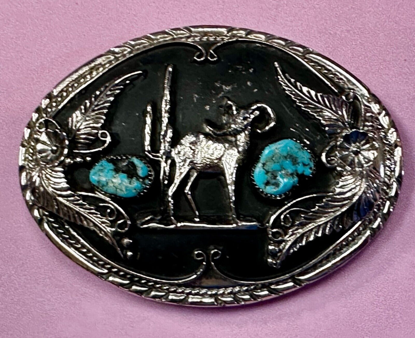 Bighorn Sheep Ram Mountain Goat Turquoise Stone Flower Leaf Western Belt Buckle