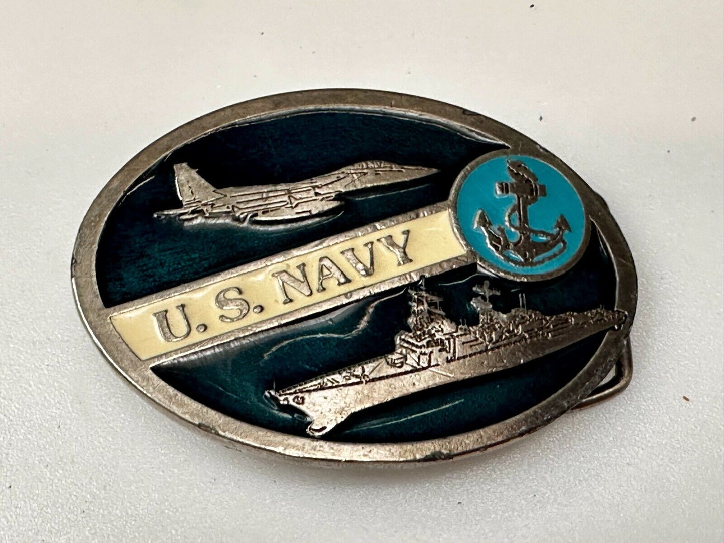 US Navy Fighter Jet Battleship Blue Anchor Vintage 3" Wide Belt Buckle #2260