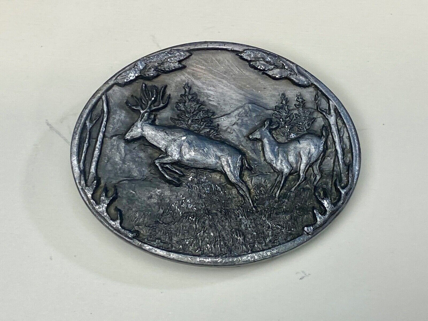 Vintage 1985 Two grazing Deer in nature belt buckle by C+J