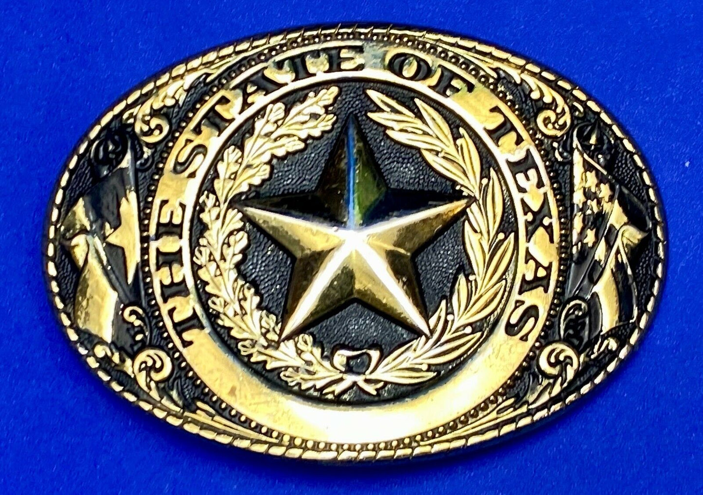 The State Of Texas Star Flag Ornate Gold Color Western Belt Buckle Marked W