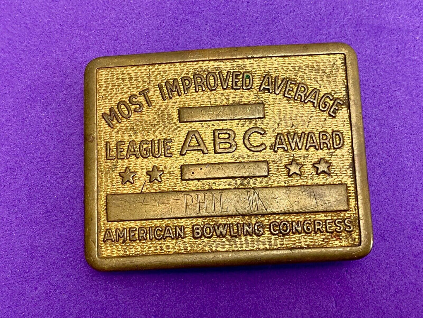Vintage bowling ABC American Bowling Congress most improved award belt buckle