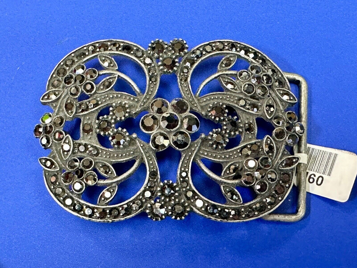 Black rhinestone accented metal flower pattern NOS Funky Junque belt buckle