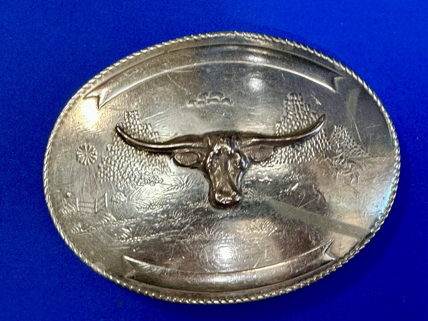 Texas longhorn - Vintage Artisan? two tone engraved award ribbon Belt Buckle