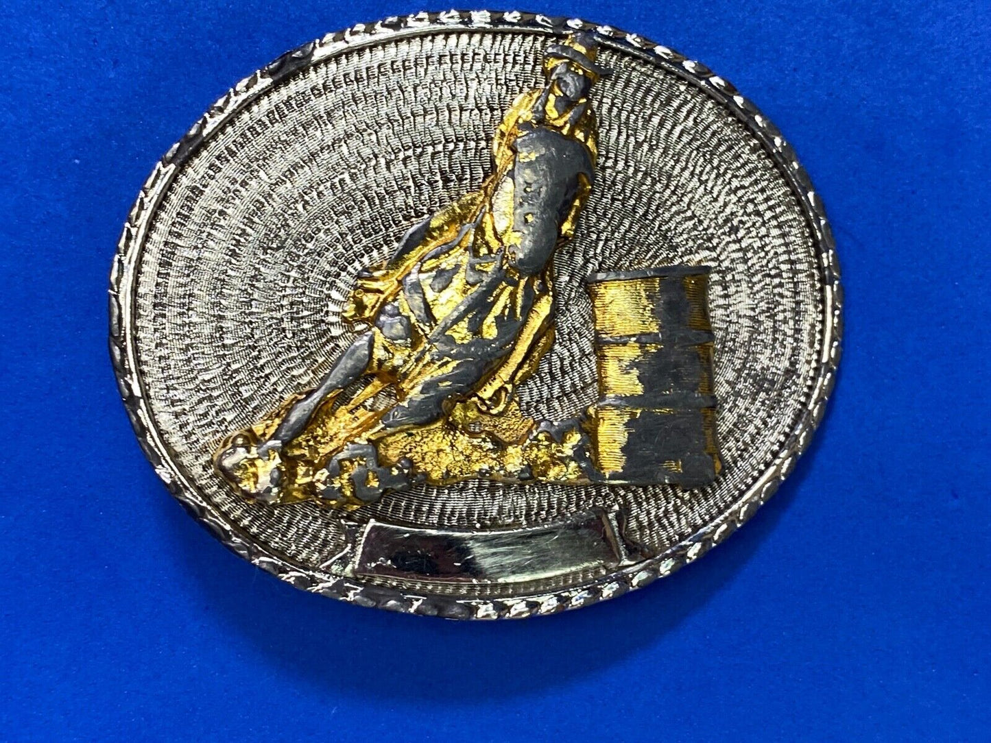 Barrel Racing Rodeo Cowboy Cowgirl Vintage Belt Buckle W/ Blank Ribbon Scroll
