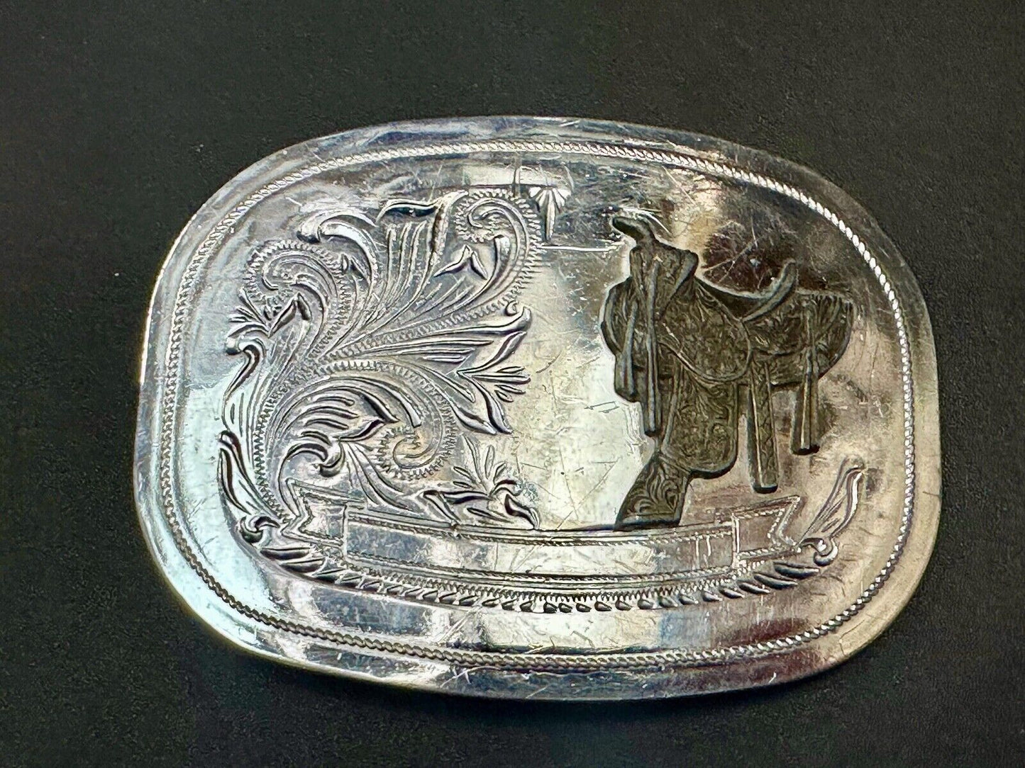 Vintage Cowboy Horse Saddle western belt buckle - blank award ribbon