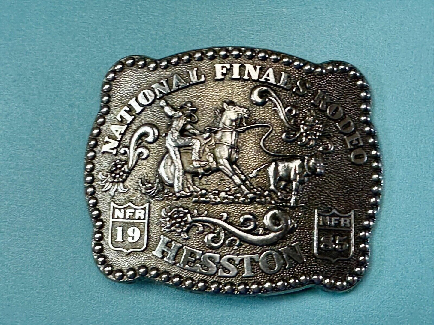 1985 NFR Rodeo Vintage Hesston Belt Buckle Steer Wrestling Cowboy