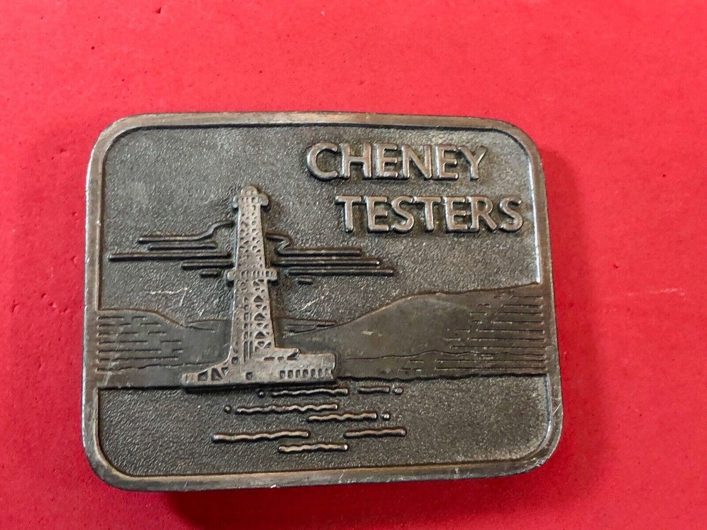 vintage Cheney Testers promo belt buckle -oil rig , back flow monitor company
