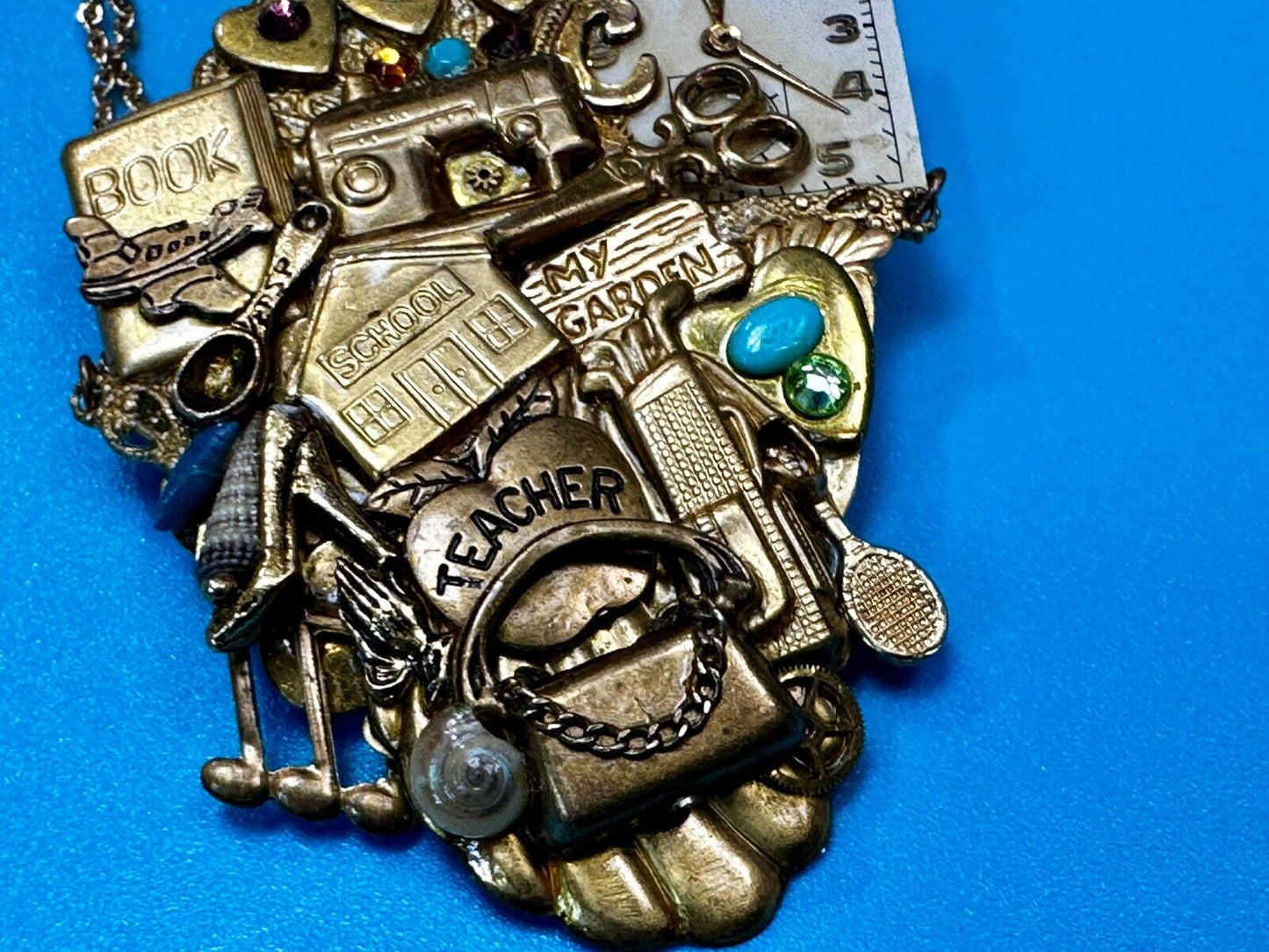 Teacher School Book My Garden Artisan Chain Charm Gold Tone Brooch Pin 2006