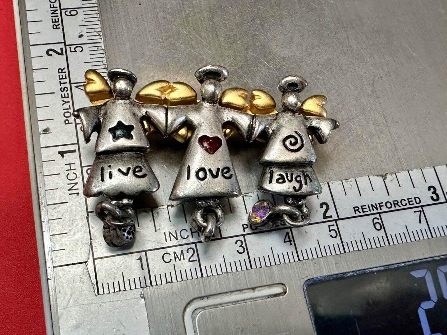 Three Angles - Live Love Laugh , Vintage Christmas Holliday Brooch by AJMC