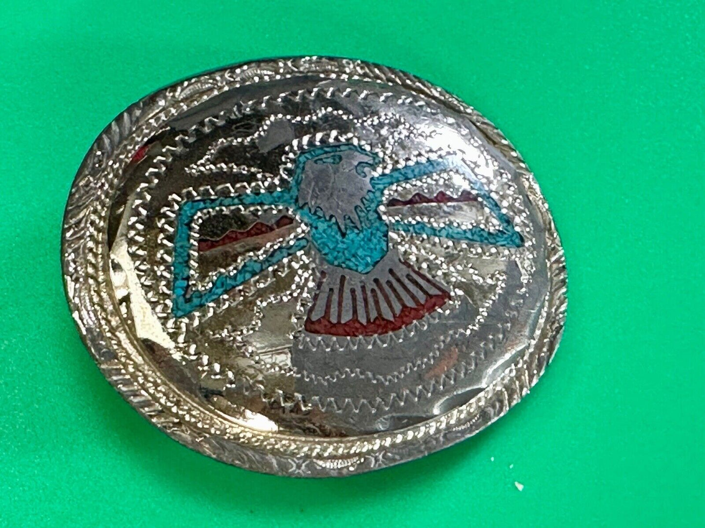 THUNDERBIRD Inlaid turquoise & Coral belt buckle - see hallmark --- to restore