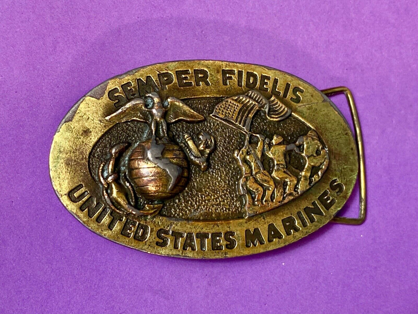 US Marines Semper Fidelis United States Vintage 4" wide brass Tone belt buckle