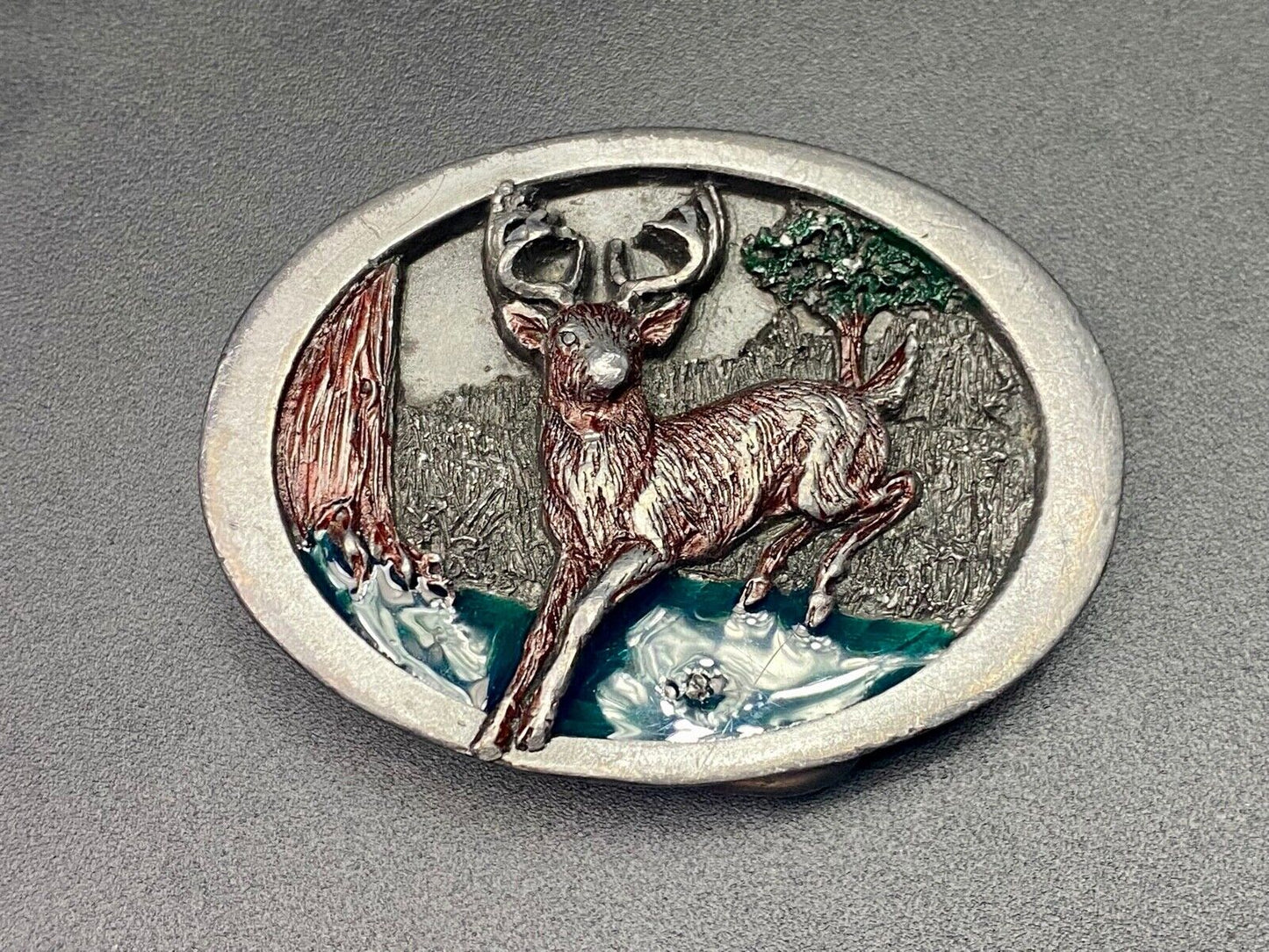Vintage 1986 Deer In Nature C&J Inc Pewter Hunters Belt Buckle Cj1814