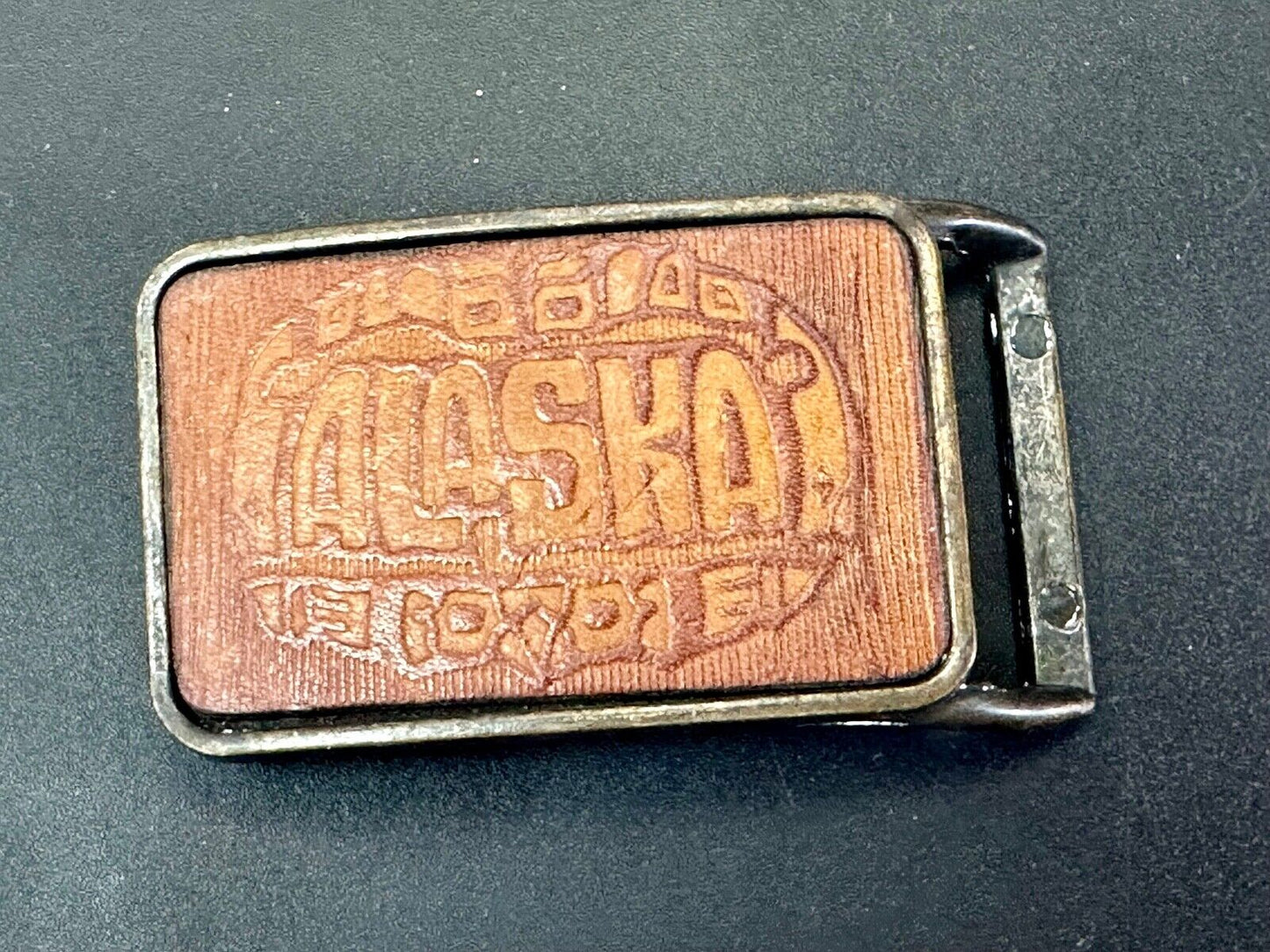 vintage Alaska Rodeo Faux? leather and brass western cowboy belt buckle