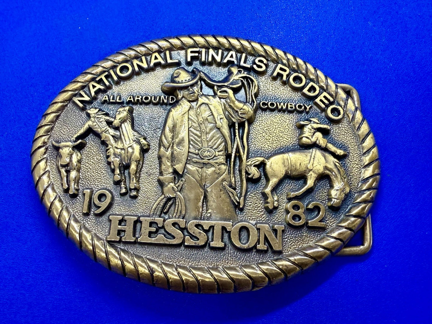 1982 Hesston NFR National Finals Rodeo All Around Cowboy Vintage Belt Buckle