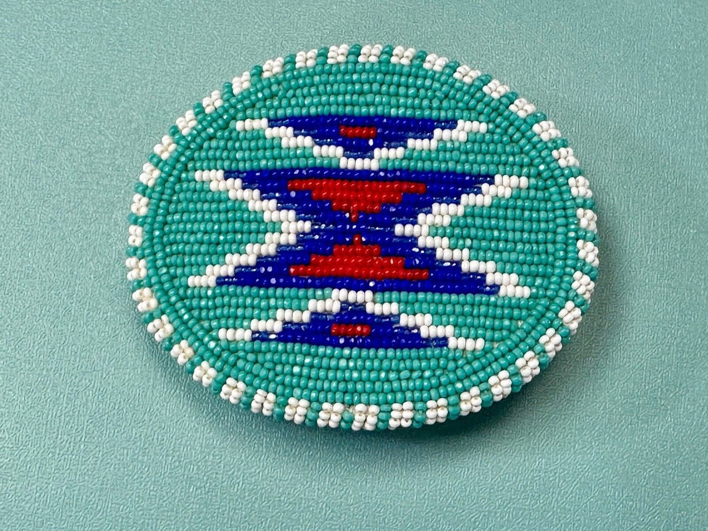 Beaded belt buckle, buckskin backing by Shoshone / Bannock Indian Arts - Idaho