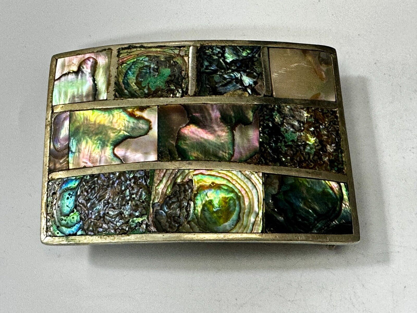 Vintage Abalone Shel Inlaid Silver Tone Large Rectangular Belt Buckle